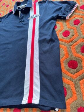 MAKE OFFER! Good Year Navy Polo Red & White Racing Stripe American Flag Medium